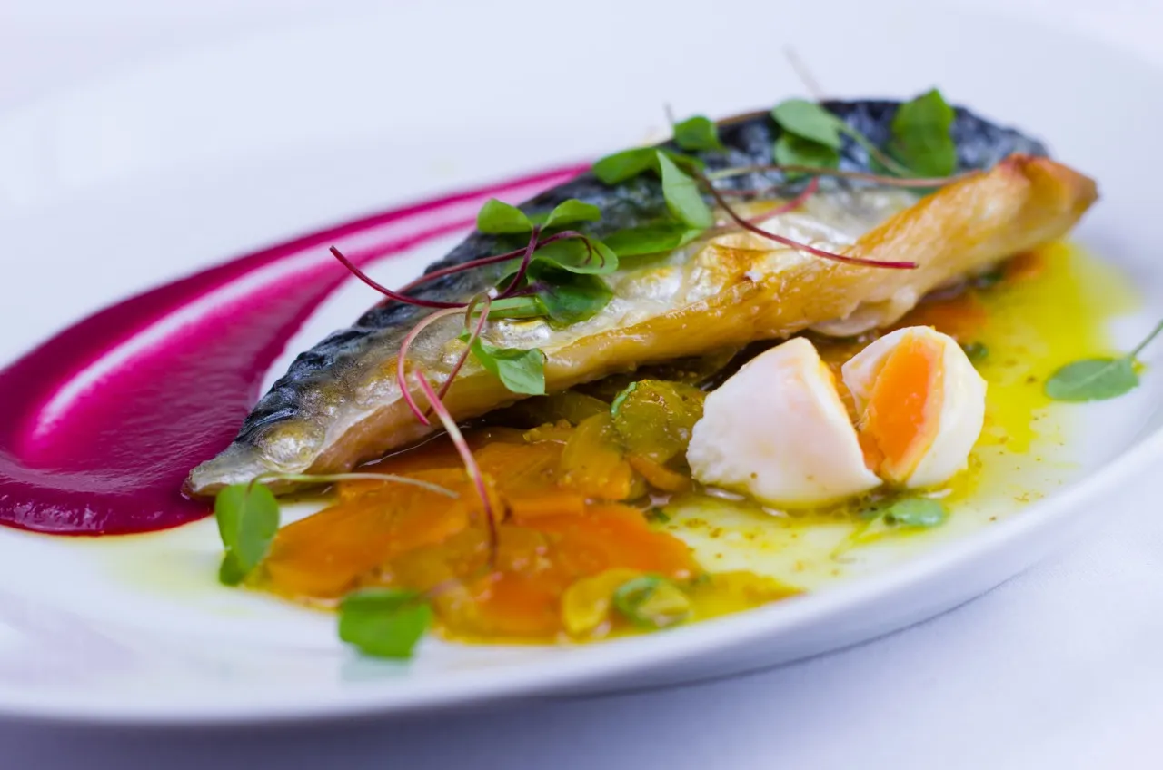 A plated mackerel dish with pickled carrot and beetroot at Albert’s Table in Croydon