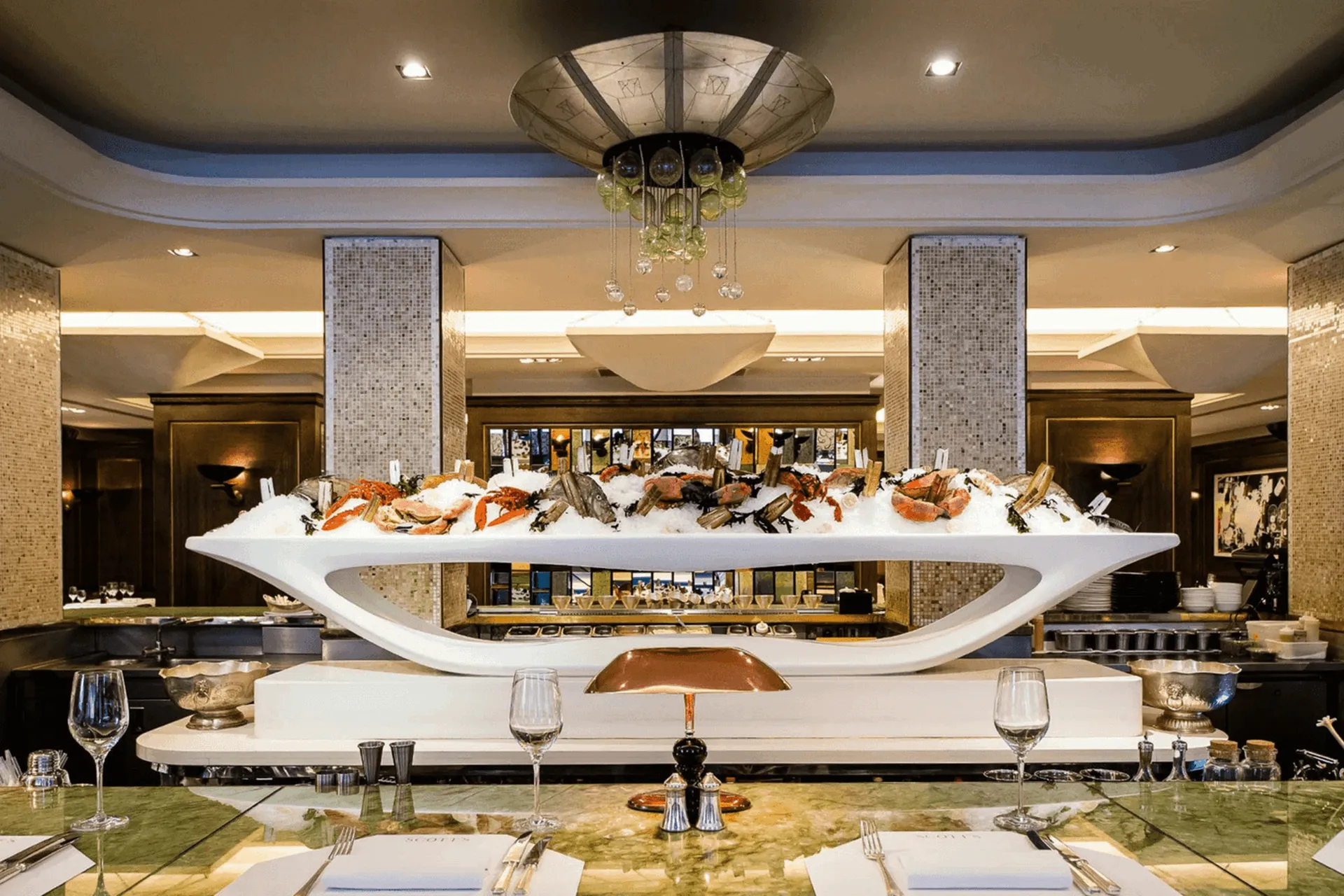 The central bar and seafood display at Scott's Mayfair