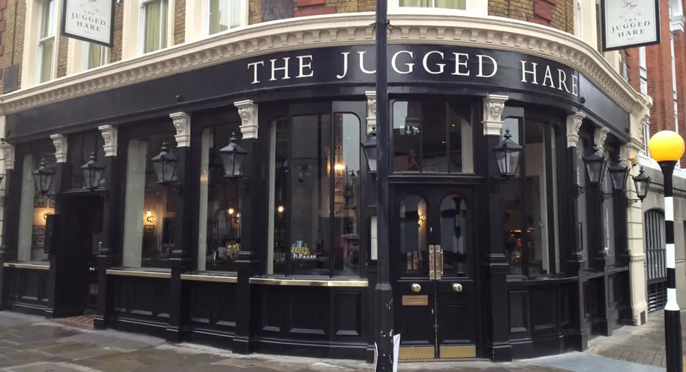 The Jugged Hare pub frontage on Chiswell Street in London