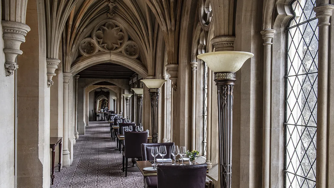 The cloistered dining setting at Nutfield Priory